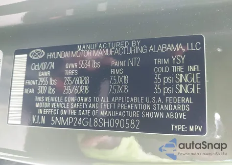 2025 Hyundai Santa Fe Sel z USA, uszkodzony, nr VIN 5NMP24GL8SH090582